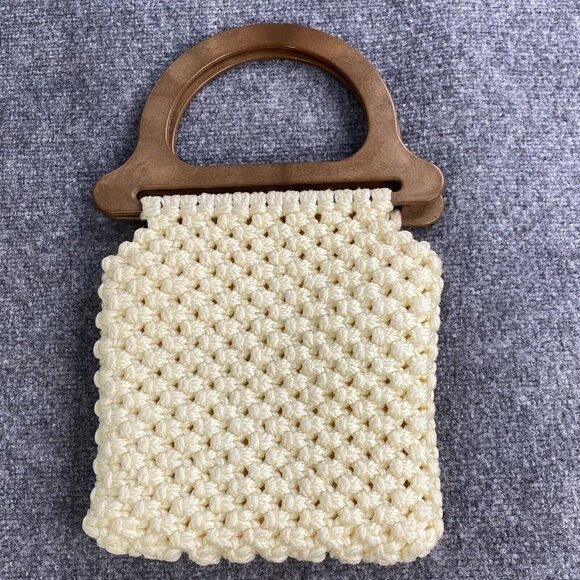 Vtg‎ Macrame Hand Bag Cream Purse Wood Handles Jute Rope Twist 70s Handmade Boho - Picture 1 of 15